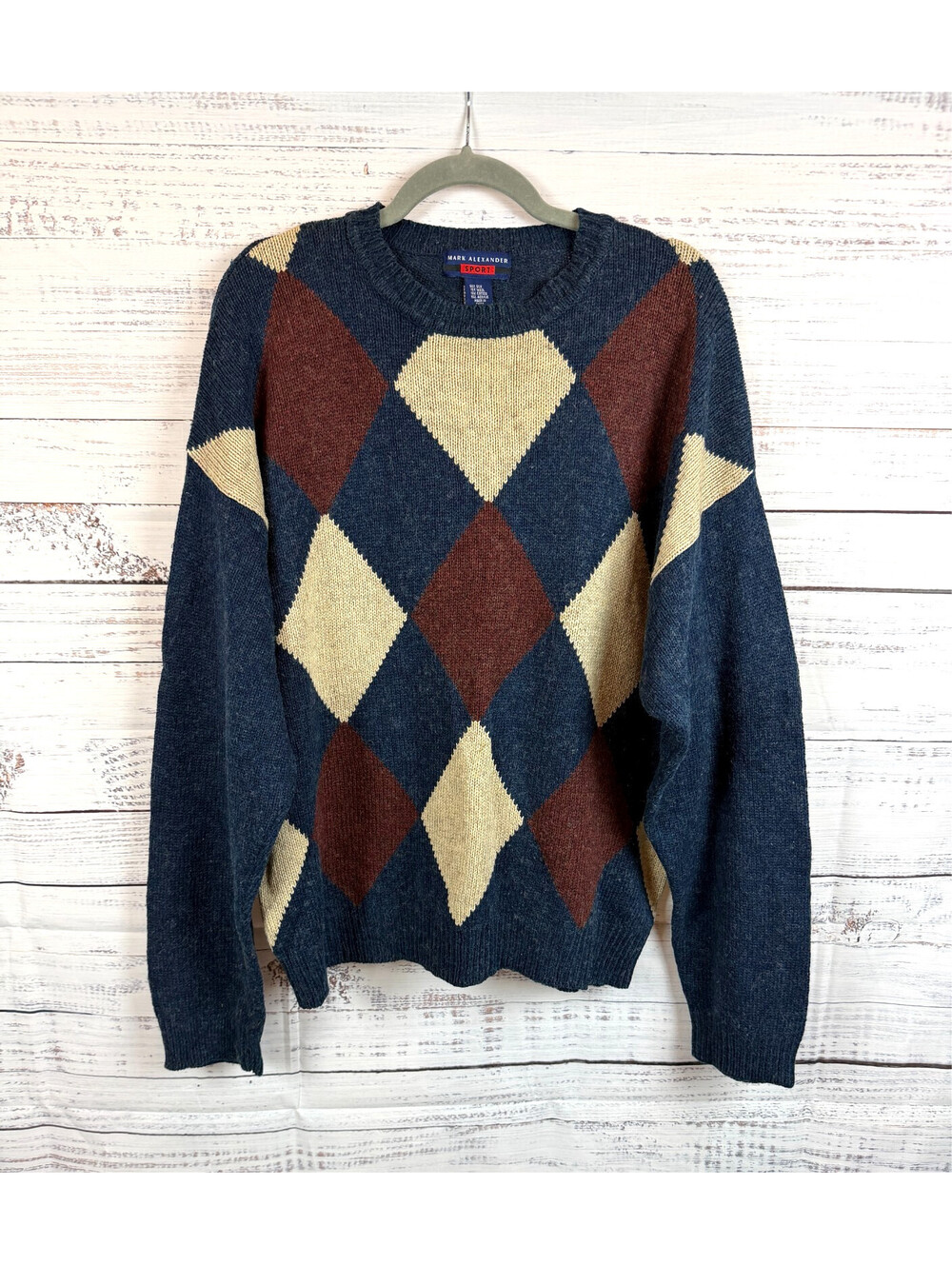 MARK ALEXANDER SPORT mens silk wool argyle crewneck navy beige sweater L NWOT